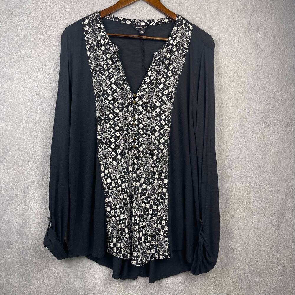 Lucky Brand Womens Tunic Top SZ XL Black White Boho Aztec Mayan Hippie Festival
